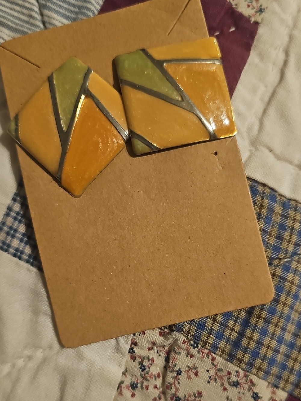 Source Unknown Yellow and Olive Geometric Enamel Earrings